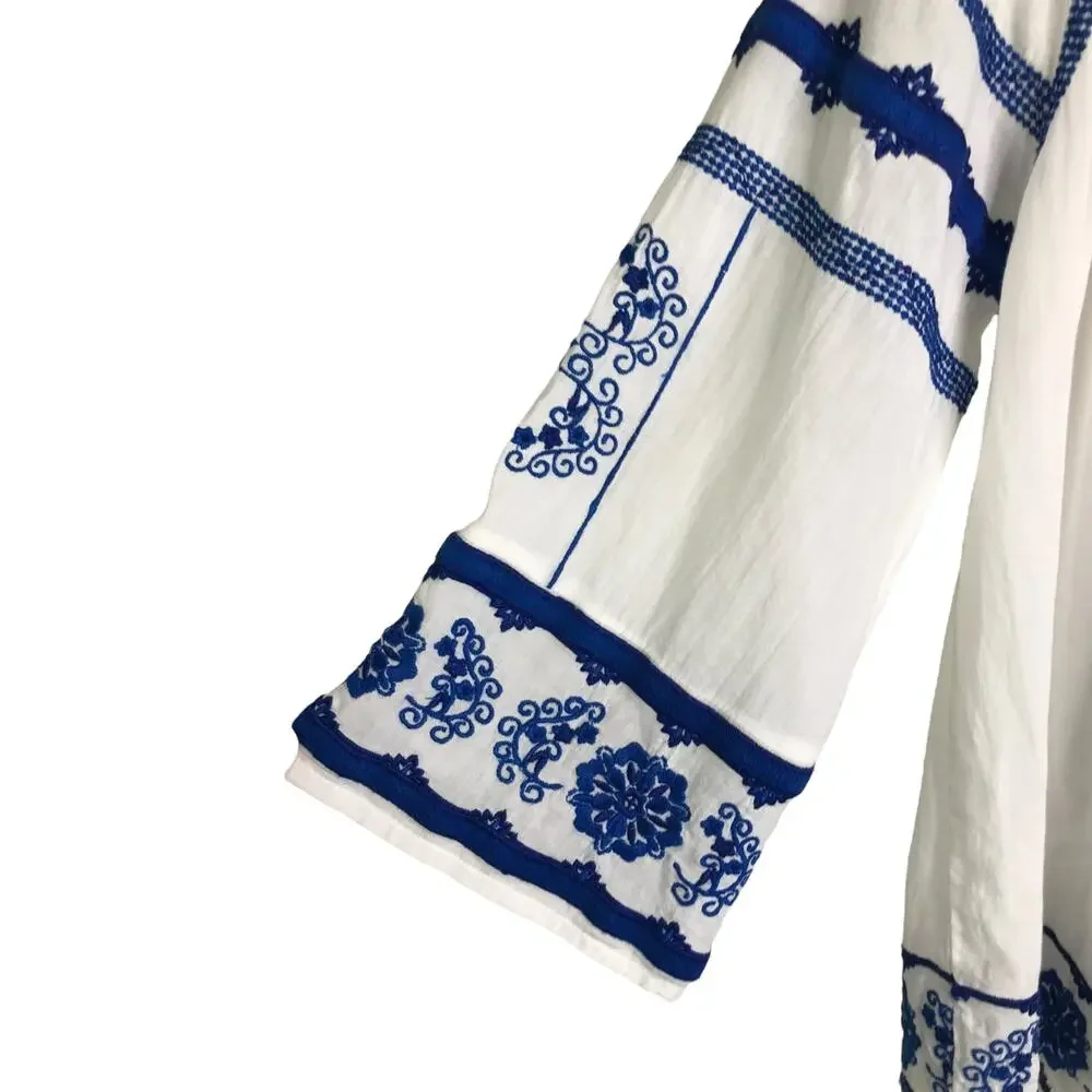 Love Sam Wns Boho Top White One Sz Embroidered Blue Floral‎ Elastic Off Shoulder
